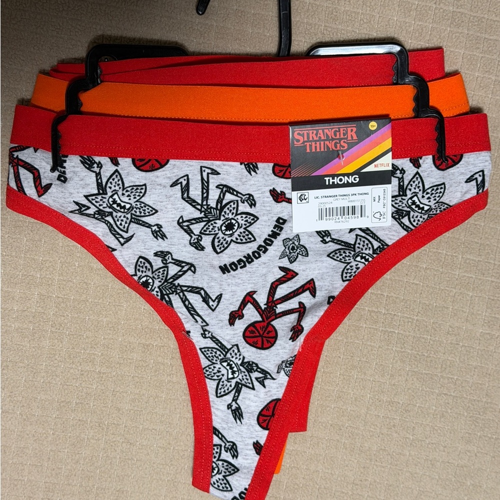 Set of 3-Stranger Things Women's Thong Panties - Red, Orange, Gray, Black, White